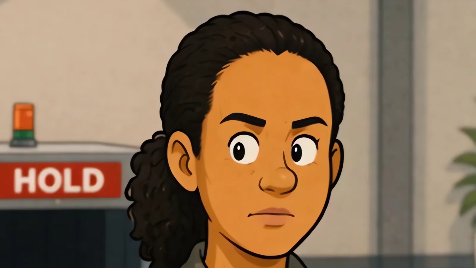 Scene from After Go-Live: Wanda beside a red HOLD light in the warehouse.