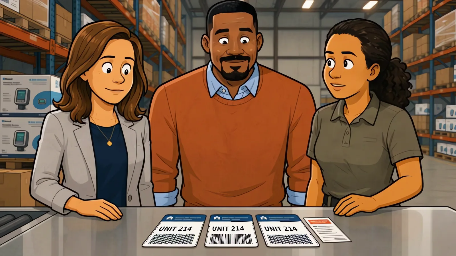 Scene from After Go-Live: Emily, Marcus and Wanda reviewing three shipping labels for the same storage unit.