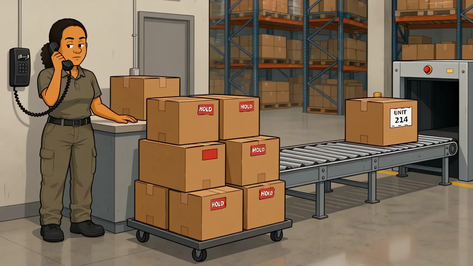 Scene from After Go-Live: Wanda on the phone beside cartons tagged HOLD.