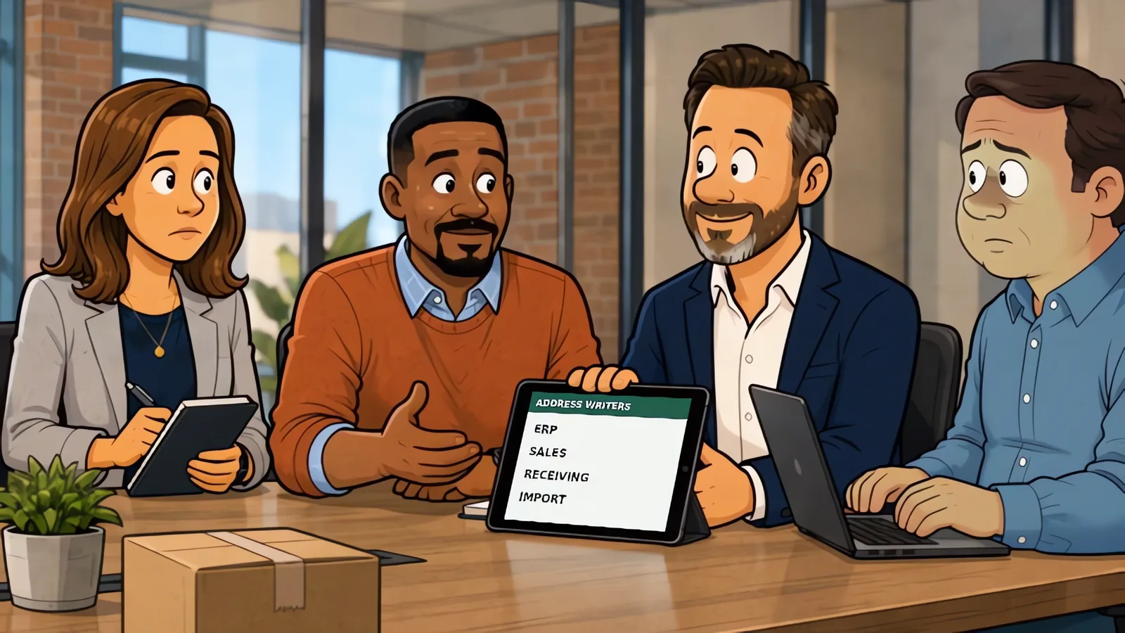 Scene from After Go-Live: The team comparing which system is allowed to change a shipping address.
