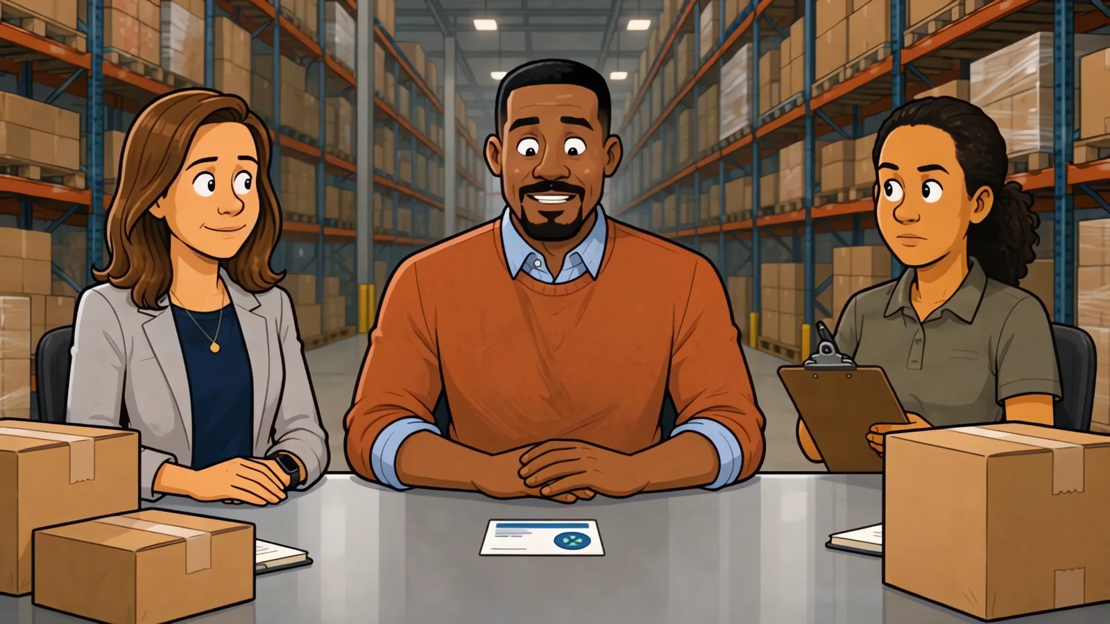Scene from After Go-Live: Emily, Marcus and Wanda at the table with returned cartons.